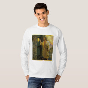 Jesus an Ihrer Tür mit einem Goldfolienentwurf T-Shirt