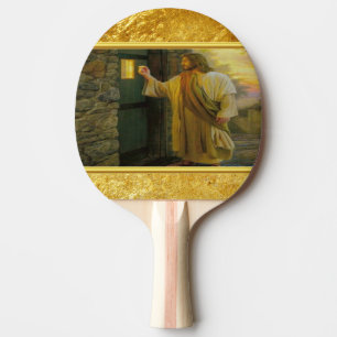 Jesus an Ihrer Tür mit einem Goldfolienentwurf Tischtennis Schläger