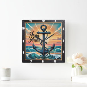 Jesus Anchor Waves Sunset Quadratische Wanduhr