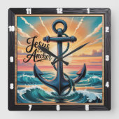 Jesus Anchor Waves Sunset Quadratische Wanduhr (Vorderseite)