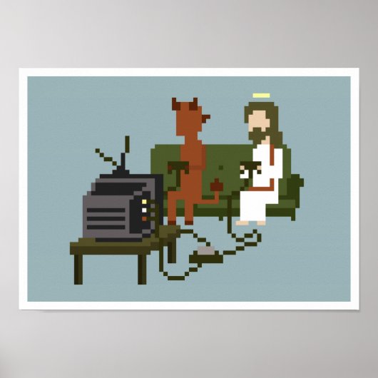 Jesus and Devil Play Video Games Pixel Art Poster (Vorne)