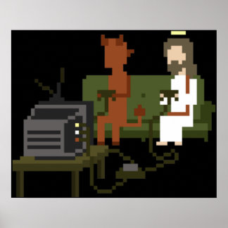 Jesus and Devil spielen Videospiele Pixel Art Poster