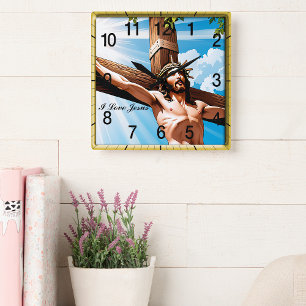 Jesus ans Kreuz genagelt Quadratische Wanduhr