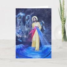 Jesus auf blauem Wasser mit Galaxie und äußerem Ra
