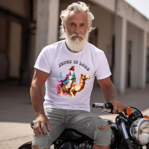 Jesus auf einem Kamel in bunten Wüsten T-Shirt