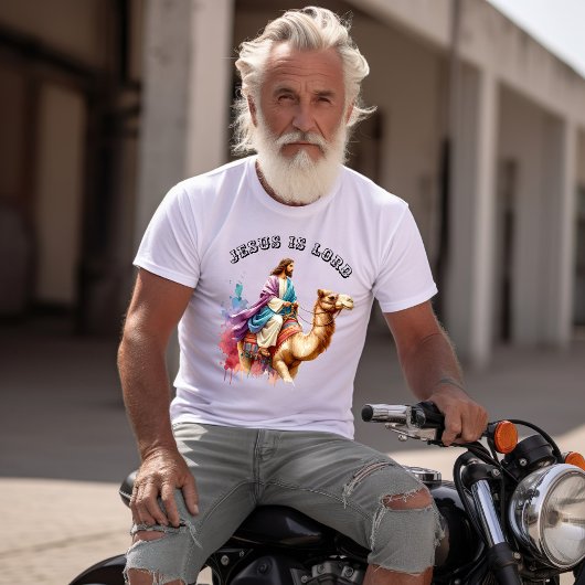 Jesus auf einem Kamel in bunten Wüsten T-Shirt