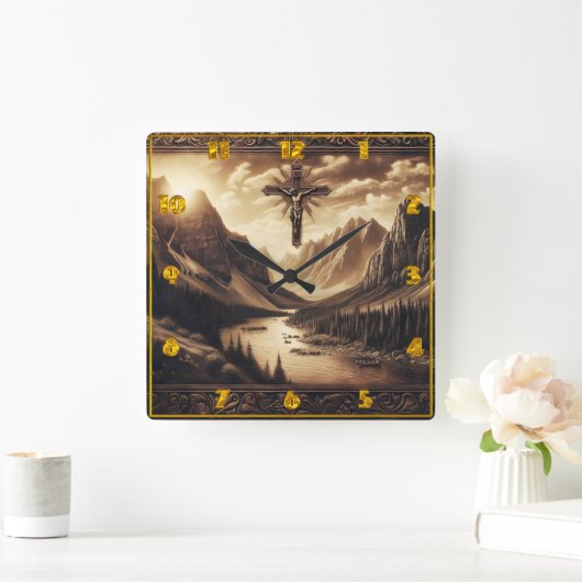 Jesus auf Kreuz mit Bergsicht Quadratische Wanduhr (Zuhause)