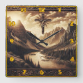 Jesus auf Kreuz mit Bergsicht Quadratische Wanduhr (Vorderseite)