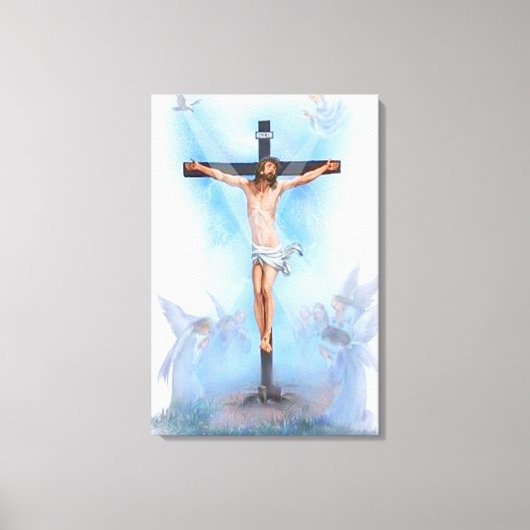Jesus auf Kreuz mit Vögeln gezackte Canvas Leinwanddruck (Vorderseite)