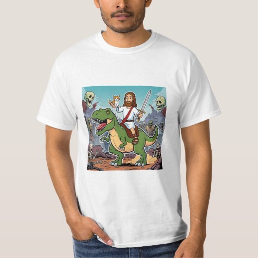 Jesus auf T-Rex-Cartoon T-Shirt (Vorderseite)