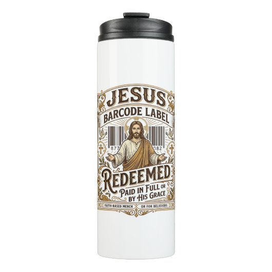 Jesus Barcode Etikett Erlöst Jesus Barcode Erlöst Thermosbecher (Vorderseite)