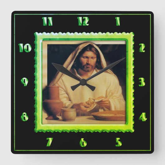 Jesus Breaking Bread lime green Quadratische Wanduhr (Vorderseite)
