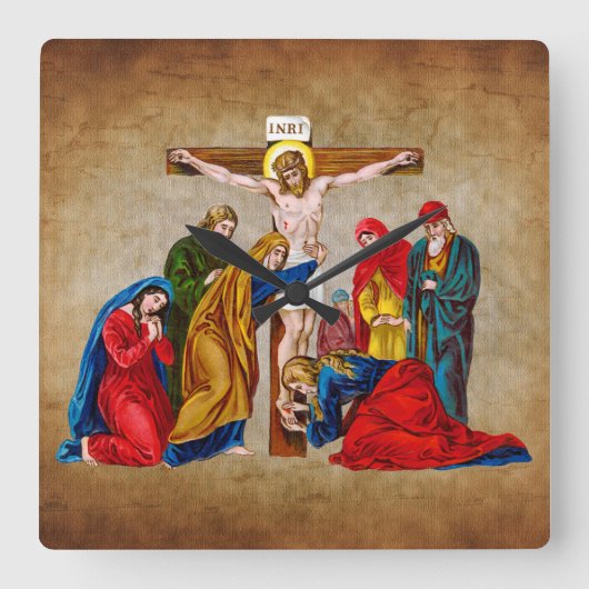 JESUS CHRIST AUF DER CROSS-SCHALTFLÄCHE QUADRATISCHE WANDUHR (Vorderseite)