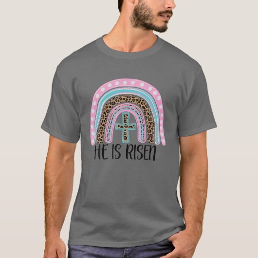 Jesus Christian Cross Rainbow He Is Risen Happy Ea T-Shirt (Vorderseite)