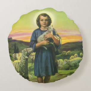Jesus Christus der Hirte mit Lamm im Vintage-Stil Rundes Kissen