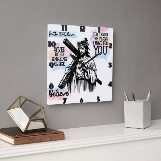 Jesus Christus hält ein Kreuz Quadratische Wanduhr
