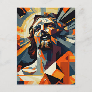 Jesus Christus im orange-schwarzen Kubismus-Stil Postkarte