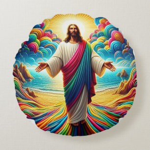 Jesus Christus mit Blick auf einen schönen, farben Rundes Kissen