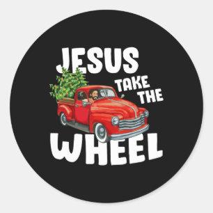 Jesus Christus nimmt das Rad Red Truck Weihnachtsz Runder Aufkleber