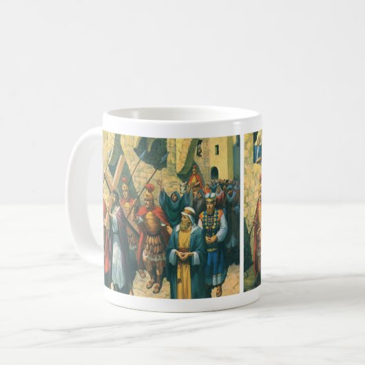 Jesus Christus trägt das Kreuz zu seiner Kreuzigun Kaffeetasse (Vorderseite Links)