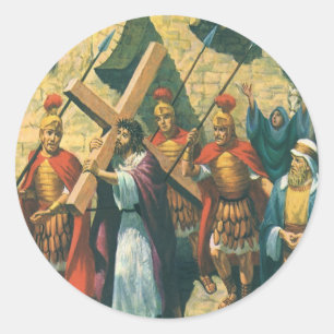 Jesus Christus trägt das Kreuz zu seiner Kreuzigun Runder Aufkleber