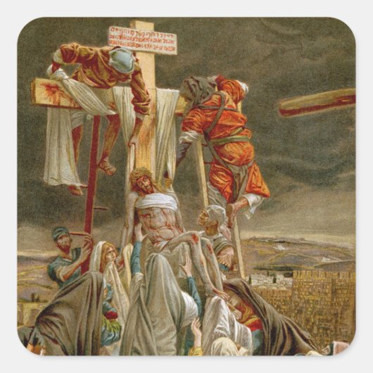 Jesus Christus wurde vom Kreuz abgeholt Quadratischer Aufkleber (Vorderseite)