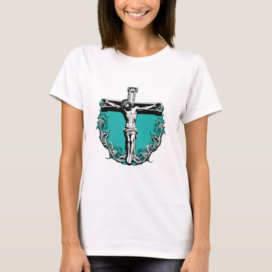 Jesus Cross Crucifixe Ostern Weihnachten Aquamarin T-Shirt (Vorderseite)