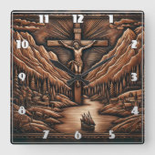 Jesus Crucified Amidst Mountains und Fluss Quadratische Wanduhr (Vorderseite)