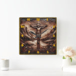 Jesus Crucified Amidt Majestic Mountains Quadratische Wanduhr<br><div class="desc">Jesus wird auf einem Kreuz dargestellt,  umgeben von ruhigen Bergen und fließenden Gewässern,  um einen Moment tiefer spiritueller Bedeutung zu erfassen.</div>