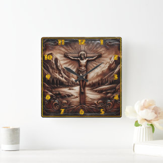 Jesus Crucified Amidt Majestic Mountains Quadratische Wanduhr