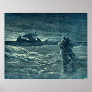 Jesus, der auf die Bibel des Meer  geht Poster