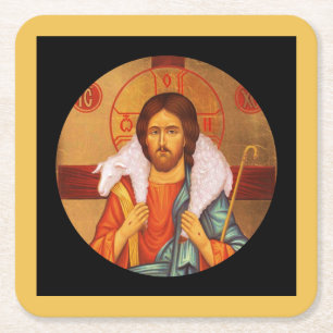 Jesus, der ein verlorenes Lamm trägt Rechteckiger Pappuntersetzer