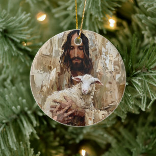 Jesus der gute Hirte hält das Lamm Keramik Ornament