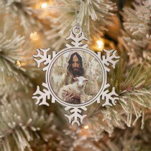 Jesus der gute Hirte hält das Lamm Schneeflocken Zinn-Ornament