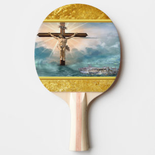 Jesus, der von einem christlichen Kreuzigungskreuz Tischtennis Schläger