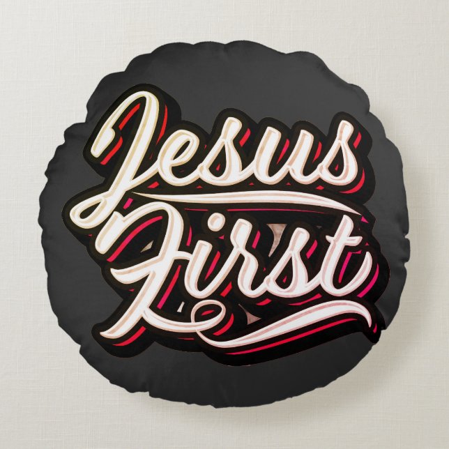 Jesus First 70's Style Rundes Kissen (Vorderseite)