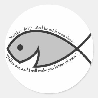 Jesus-Fische BW Matthew 4 19.png Runder Aufkleber