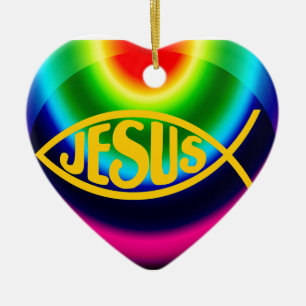 JESUS FISH ICHTHYS CHRIST RAINBOW KERAMIK ORNAMENT