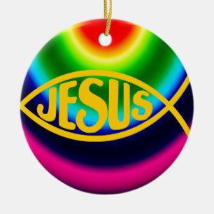 JESUS FISH ICHTHYS CHRIST RAINBOW KERAMIK ORNAMENT