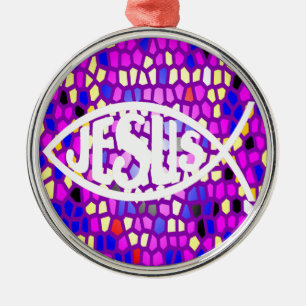 JESUS FISH ICHTHYS STAINED GLASS FENSTER LILA SILBERNES ORNAMENT
