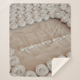 JESÚS Fleece & Sherpa Blanket - White Roses & Sherpadecke