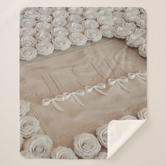 JESÚS Fleece & Sherpa Blanket - White Roses & Sherpadecke (Vorderseite)