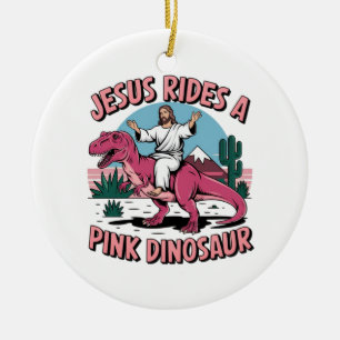 Jesus Funny Memes, Jesus reitet eine rosa Dinosaur Keramik Ornament
