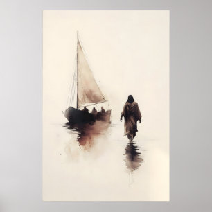 Jesus geht auf dem Wasser Christliche Aquarell-Wan Poster