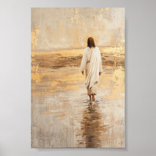 Jesus geht in weißen Kleidern auf dem Wasser Poster