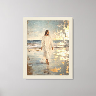 Jesus geht in weißer Kleidung ins Wasser Leinwanddruck