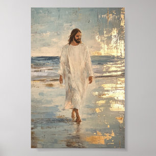 Jesus geht in weißer Kleidung ins Wasser Poster