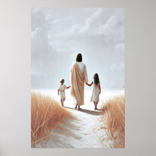 Jesus geht mit dem Jesuskind und Kindern Christus Poster