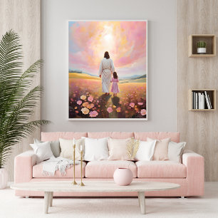 Jesus geht mit dem Kind in einem Feld von Blume Poster