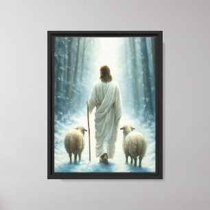 Jesus geht mit Schafen im Winterlicht Leinwanddruck